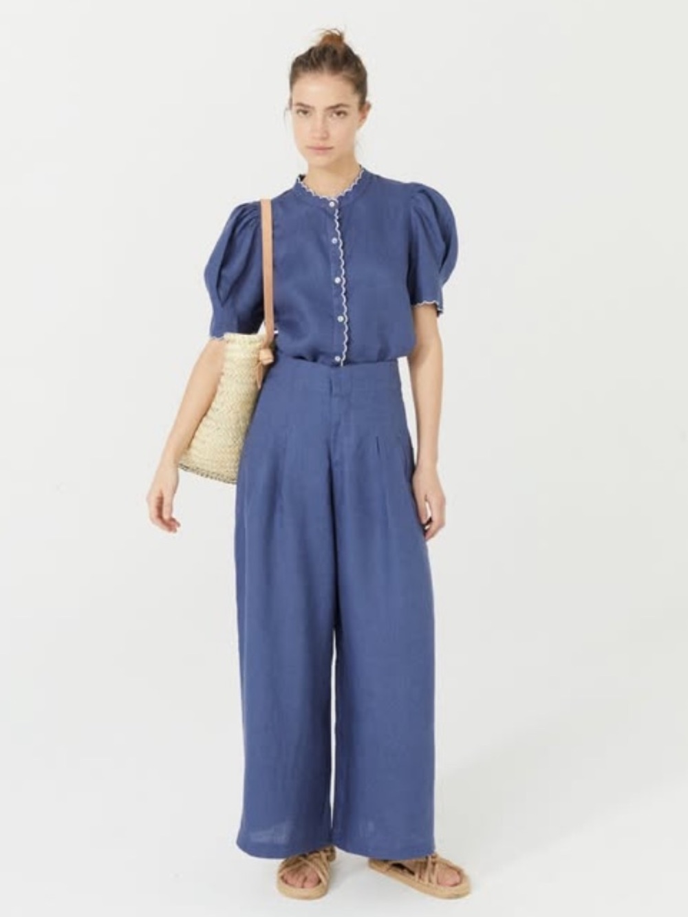 Lanhtropy Womens Blue Wide-Leg Linen Pants with Puff Scalloped Collar Blouse